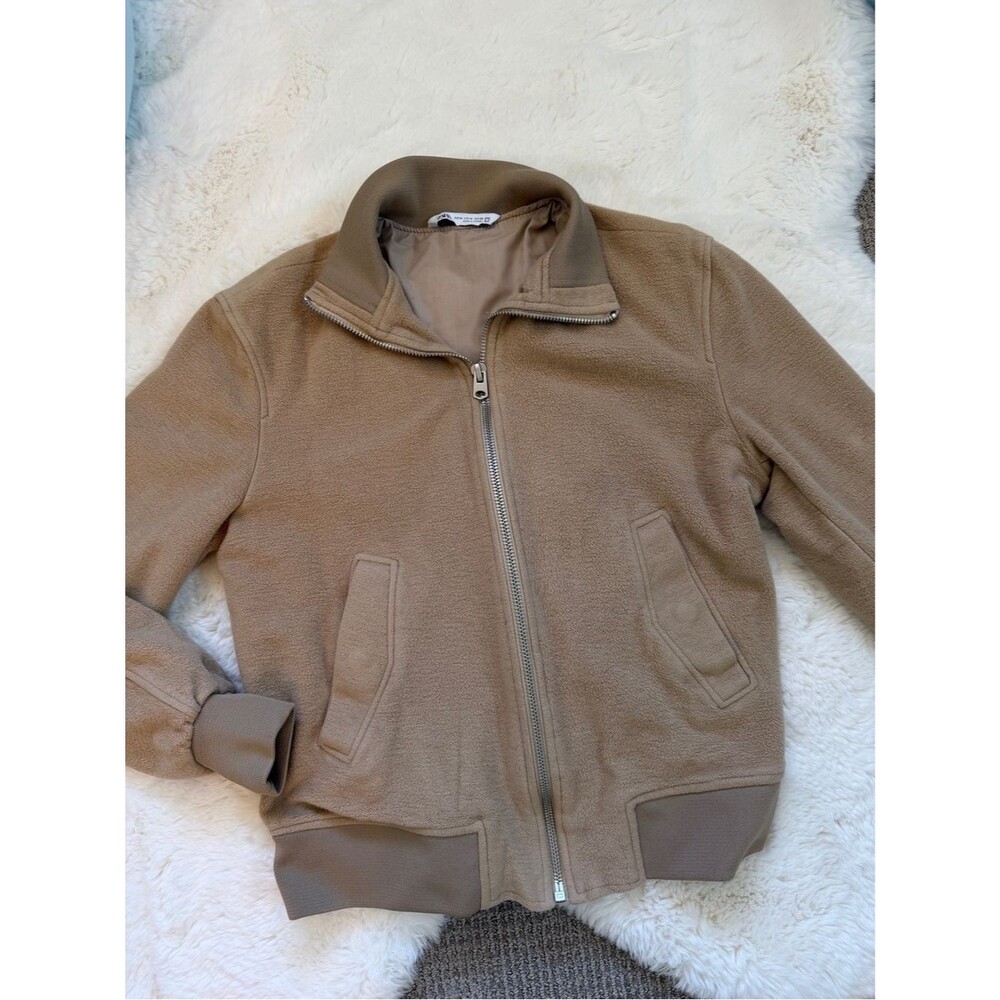 Zara Fleece Bomber Zip Jacket M - Tan